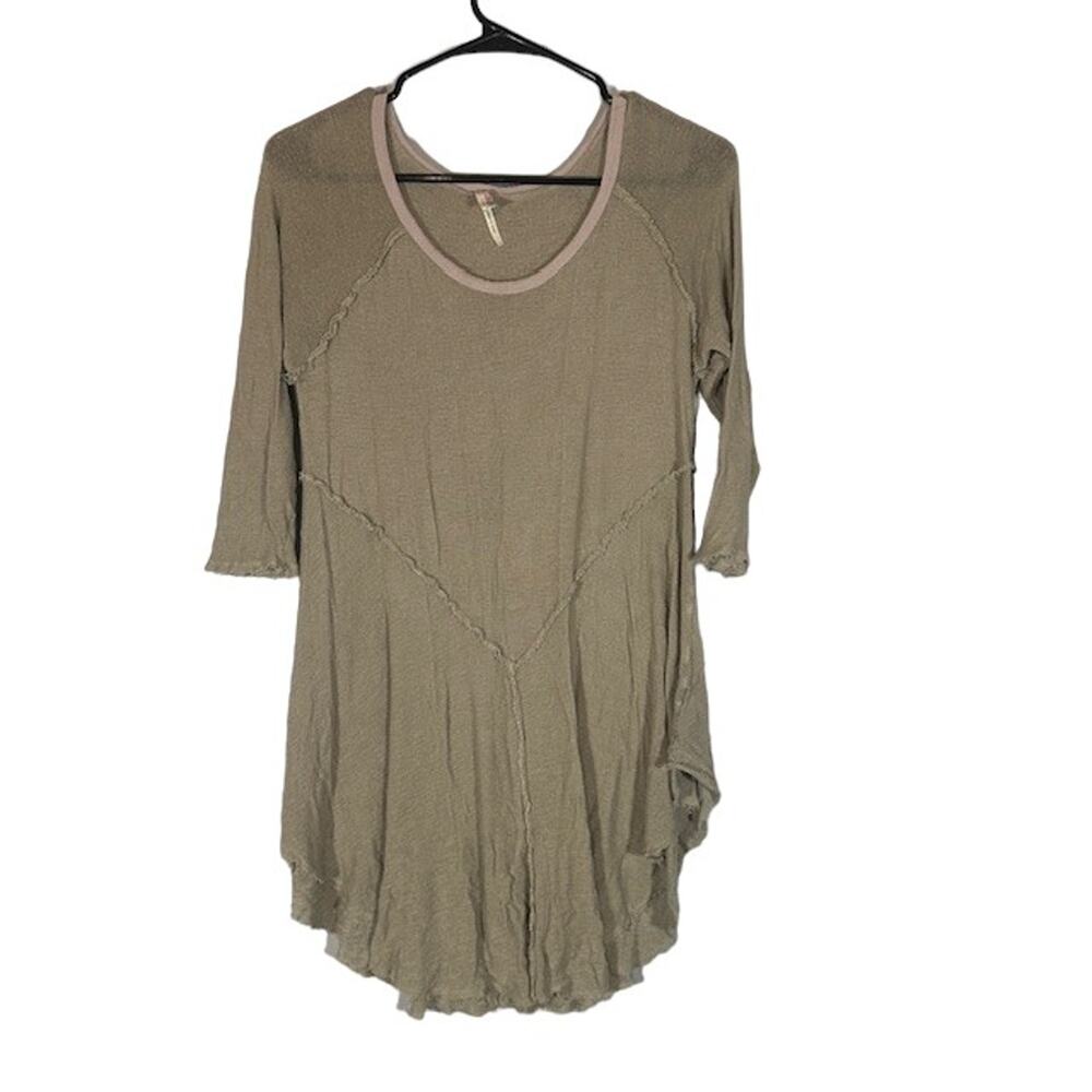Free People Intimately Olive Gauze Distressed Scoop Neck Shirt Women Sz L